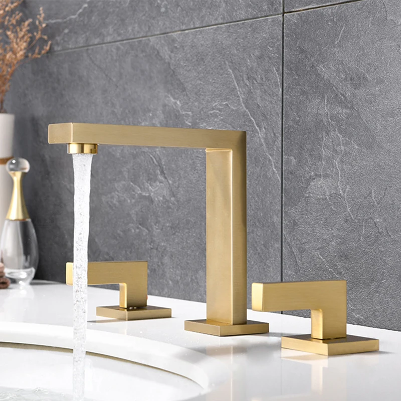 

Basin Faucet North American Style Bathroom Sink Faucet Cold and Hot Widespread 3 Hole Brush Gold Brass Bathroom Basin Mixer Taps