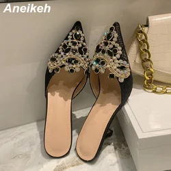 Aneikeh NEW 2024 Summer Fashion Bling Crystal Decoration Pointed Toe Thin High Heel Slipper Lace Elegant Women Party Mules 35-39