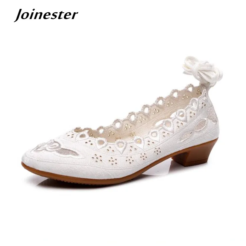 Spring Women Pointed Toe Cross-Tied Pumps Ladies Summer Ethnic Vintage Dress Shoes Hollow-Out Embroidered Sandals for Female