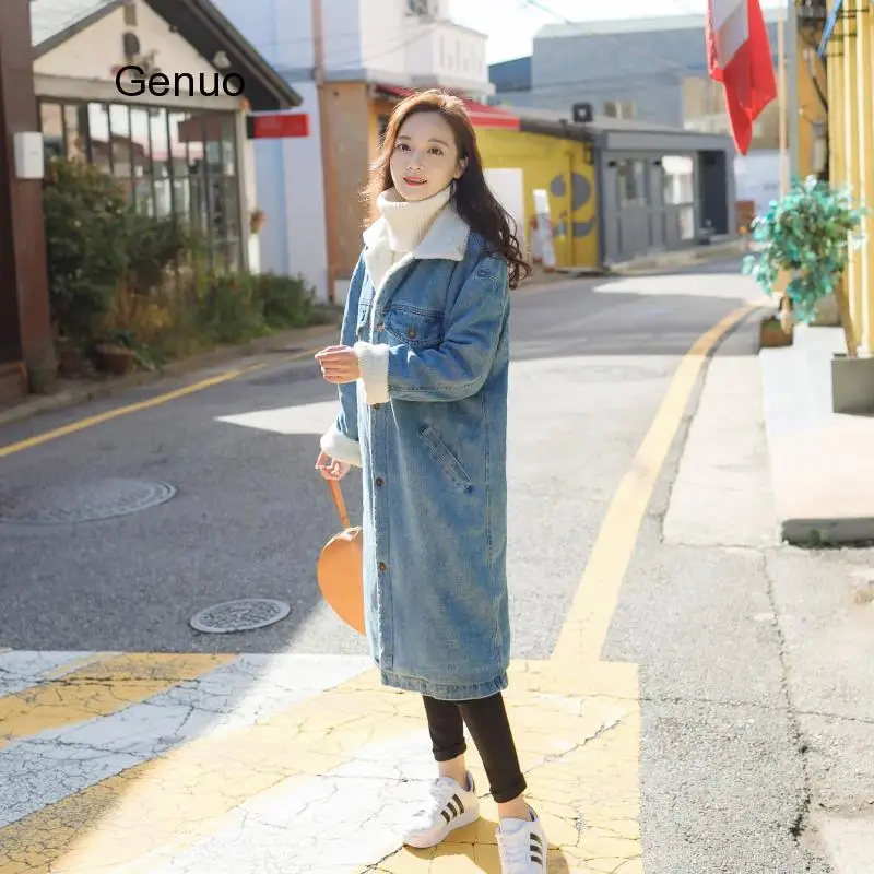 2021 Women Basic Coat Winter Denim Jacket Women Warm Wool Lining for Women Jeans Jacket Female X-Long Denim Coat Chaqueta Mujer