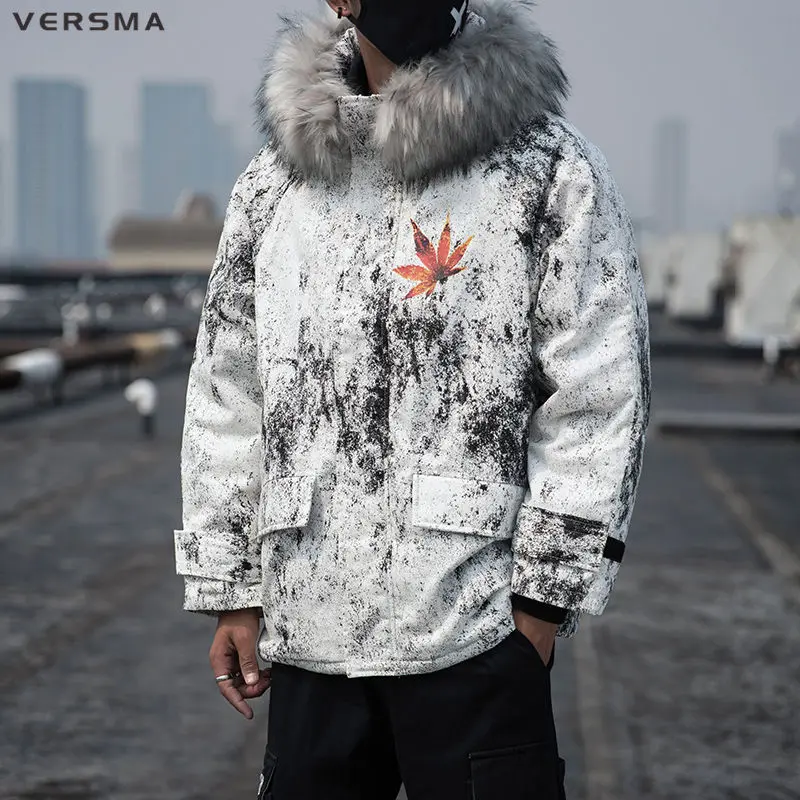 VERSMA Korean Style Clothing Men Winter Warm Jacket Coat Men Parka Maple Print Mens Fur Hood Russian Winter Coats Parkas Men 5XL