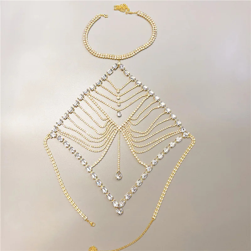 2022 New Women\'s Body Jewelry Sexy Bikini Lingerie Rhinestone Big Heart Bra Ladies Camisole Body Chain Harness Accessories