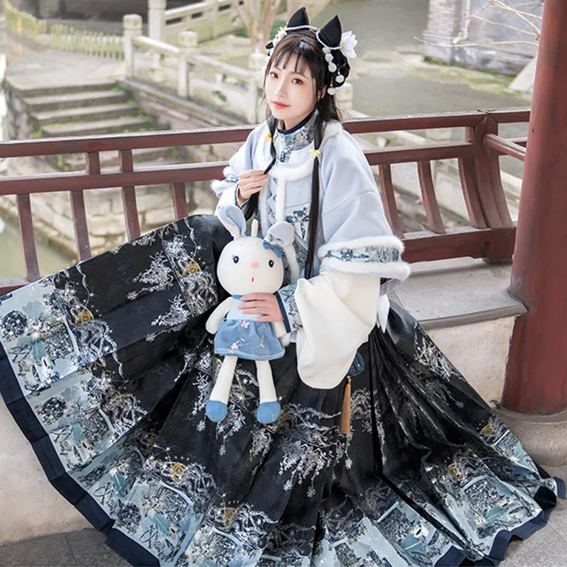 

Winter Warm Hanfu Clothes Chinese Style Half Sleeve Coat Ming Dynasty Skirt Oriental Ancient Classical Dance Clothing DQL6586