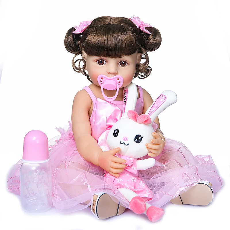 bebes doll55CM original reborn baby toddler girl princess doll in pink skirt lifelike very soft full body silicone doll bath toy