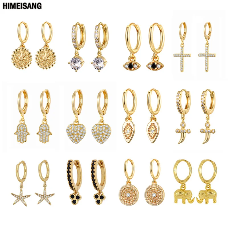 HIMEISANG Vintage Piercing Ear CZ Zircon Earring Gold Silver Filled Drop Earrings for Women Hoop Earing Jewelry Wholesale Aretes