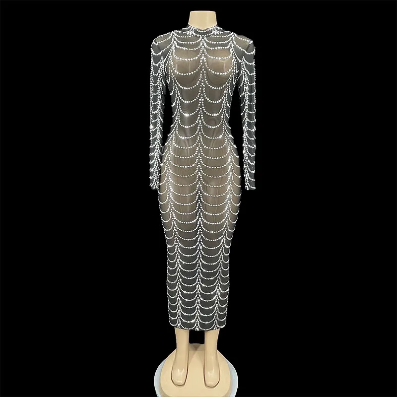 

Black Mesh Sparkly Silver Rhinestones Transparent Dress Women Evening Birthday Celebrate Dance Costume Show Outfit Wear