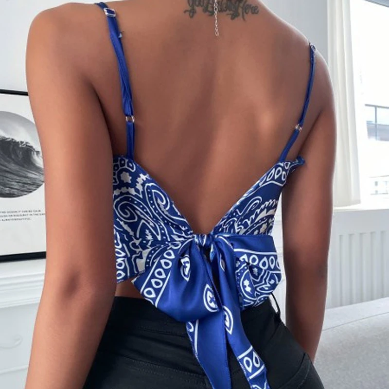 S-5XL 8Colors Print Square Neck Backless Bowknot Satin Vest Chic Soft Women Summer Handkerchief Tank Tops