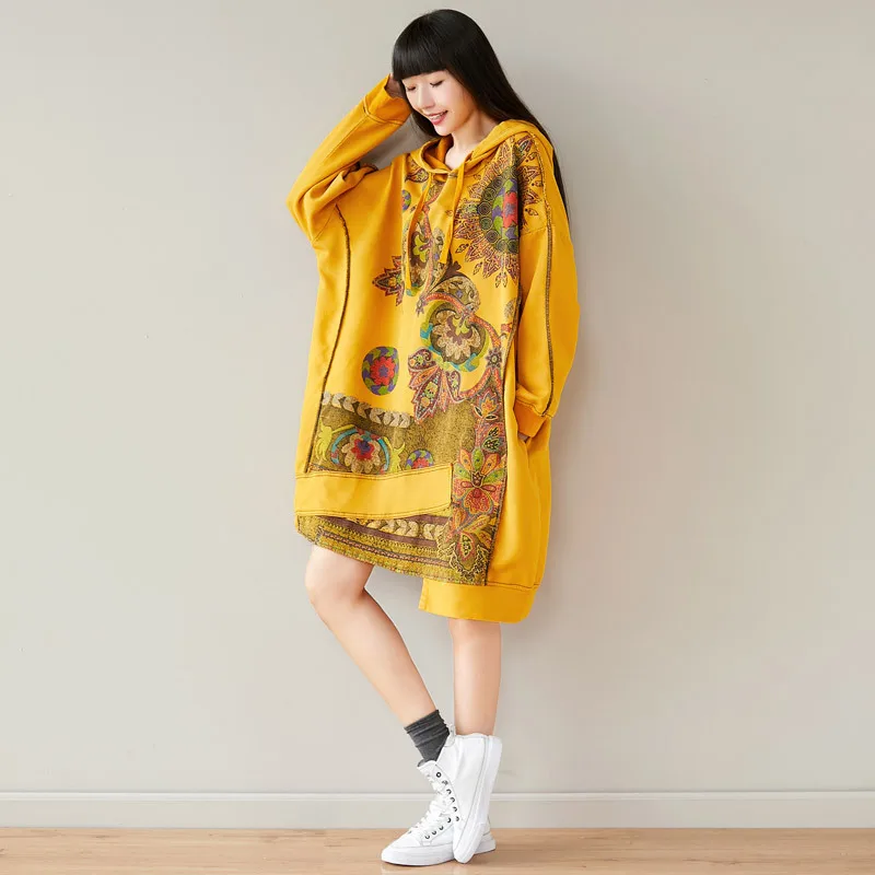 2023 Autumn Women Long Hoodies Cotton Sweatshirt Dress Ladies Print Loose Winter Retro Pullover Batwing Sleeve Basic Coats