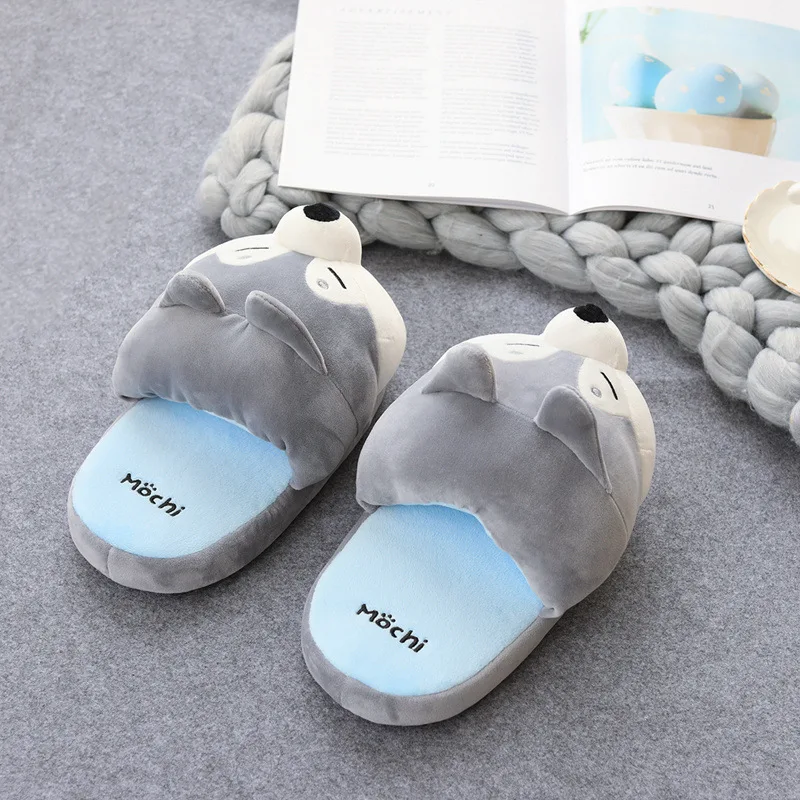 Men Plush Slippers Funny Animal Home Slides Soft Cartoon Dog Slippers Couple Indoor Slides Warm Cotton Shoes Non-slip Shoes Hot