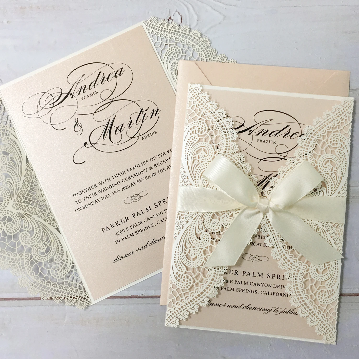 Laser Cutting Wedding Invitations with RSVP Cards Blush Pink Shimmer Invitation Cards - Set of 50pcs