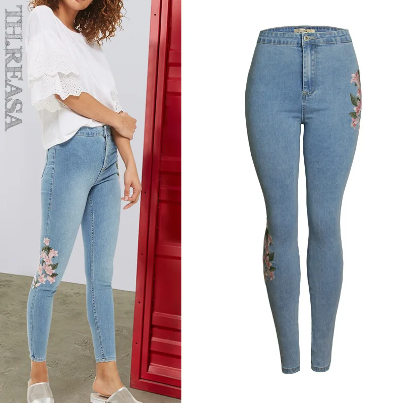 

Women open Jeans new spring fashion embroidery slim jeans women's high waist show thin lifting hip small leg pants