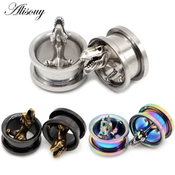 Alisouy 2pcs Fashion Dinosaur Ear Gauges Expander Stretchers Stainless Steel Earrings Plugs Tunnels Screw Piercing Body Jewelry