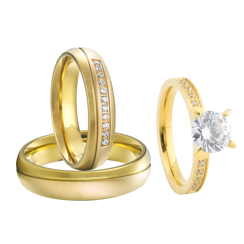 3pcs Wedding Engagement Rings Bridal Set for Men Women Cz Moissanite Diamond Ladies Gents 18k Gold Plated Love Couple Alliances