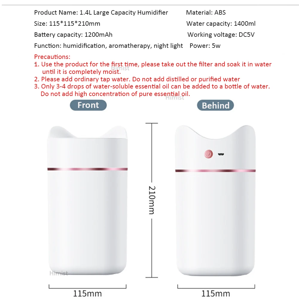 Nirkabel Udara Humidifier 1400 Ml Air Aromaterapi Diffuser 1200 MAh Built-In Baterai Isi Ulang Ultrasonic USB Humidificador