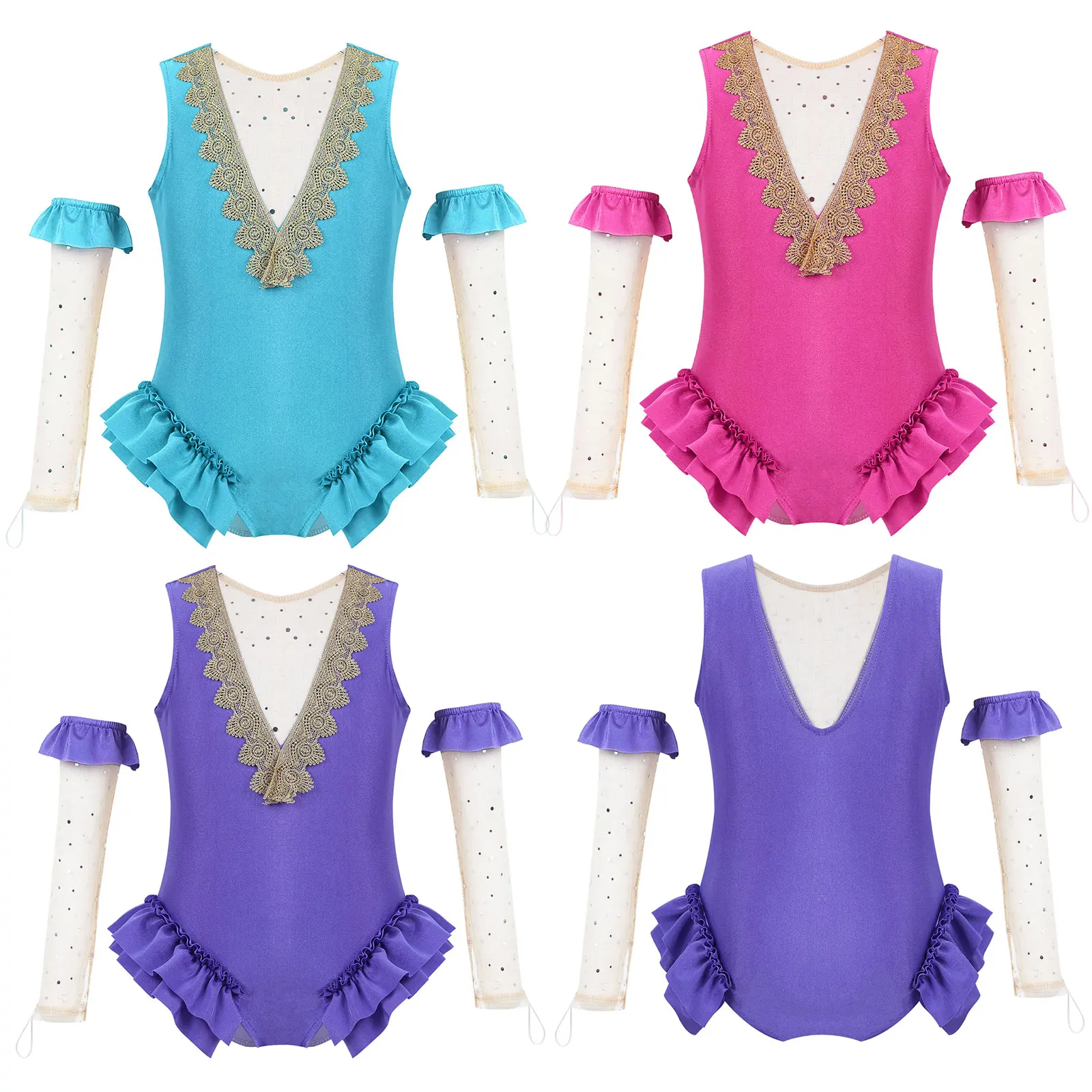 Kids Girls Showman Princess Trapeze Show Costume Sleeveless Mesh Patchwork Back Leotard with Arm Sleeves Halloween Fancy Dress