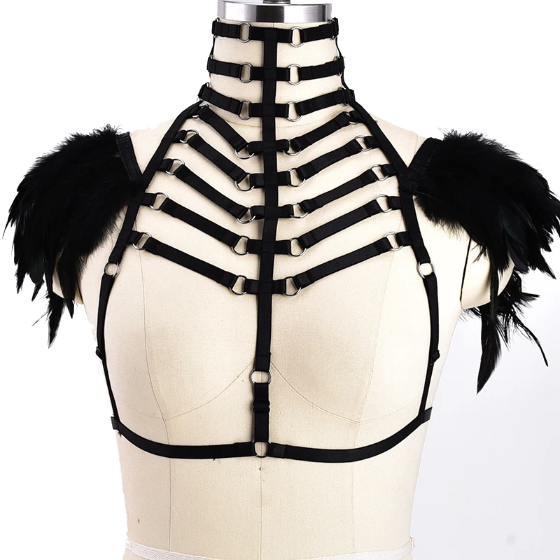 

Gothic Feather Harness Cage Bralette Epaulettes Lingerie Cosplay BurningMan Top Elastic Adjustable Shoulder Wings Strap Harness