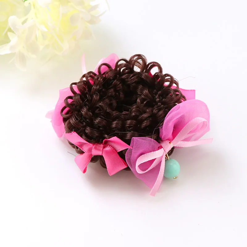 1 pair Flower Bow Elastic Hair Bands with Wig Girls' Hair Clips Kids Reel hairball head Hair Accessories