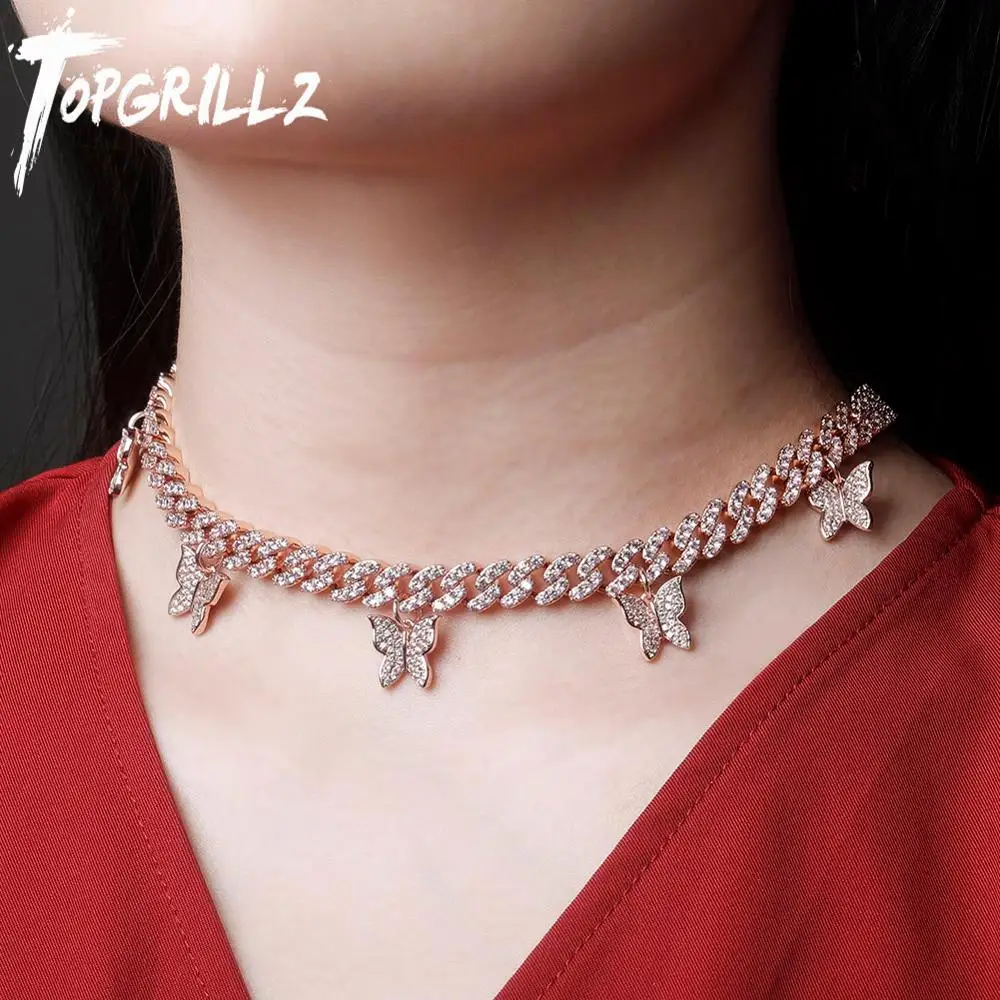 TOPGRILLZ Butterfly Necklace 6 Butterfly Iced Out Cubic Zirconia Necklace Hip Hop Chain Choker Fashion Jewelry Gift For Women