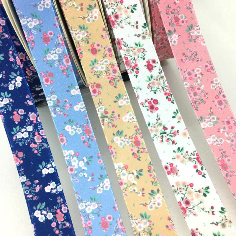 5Y 2.5cm Beautiful Flowers Printed Satin Ribbon For Handmade DIY Craft Bows  Marriage Easter Christmas Deco Gift Floral Packing