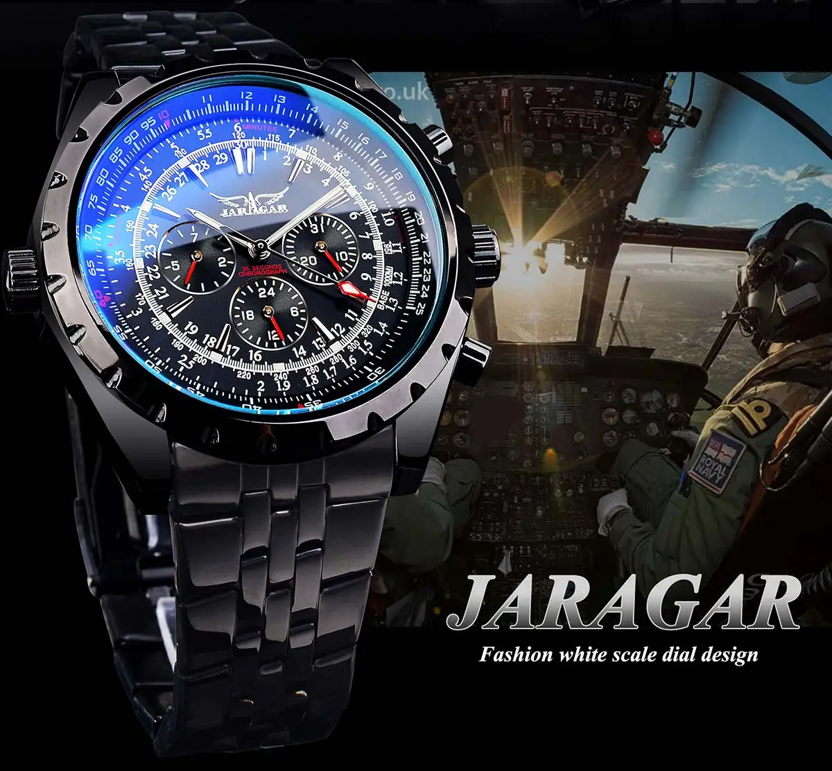 Jaragar 3 Dial Men\'s Automatic Watch Stainless Steel Mechanical Men\'s watches Date Week Display Luminous Wristwatch Blue Glass