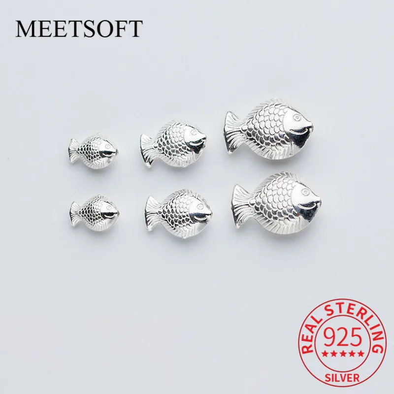 MEETSOFT Cute 925 Sterling Silver Fish Animals Space Bead Charms Handmade Of DIY Fine Jewelry Necklace Bracelect Accessory