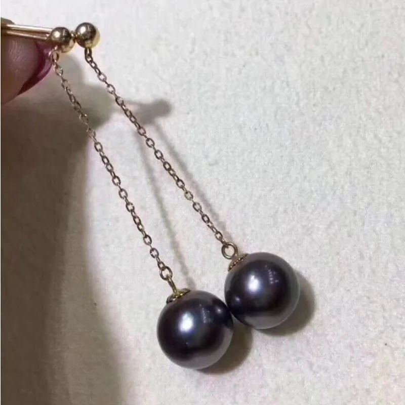 charming pair of 10mm tahitian round black green pearl earring 18k