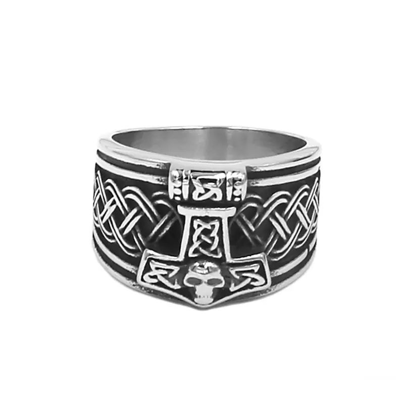 Wholesale Tribal Symbol Myth Thor Hammer Ring Stainless Steel Jewelry Norse Viking Rune Skull Biker Men Ring SWR0978