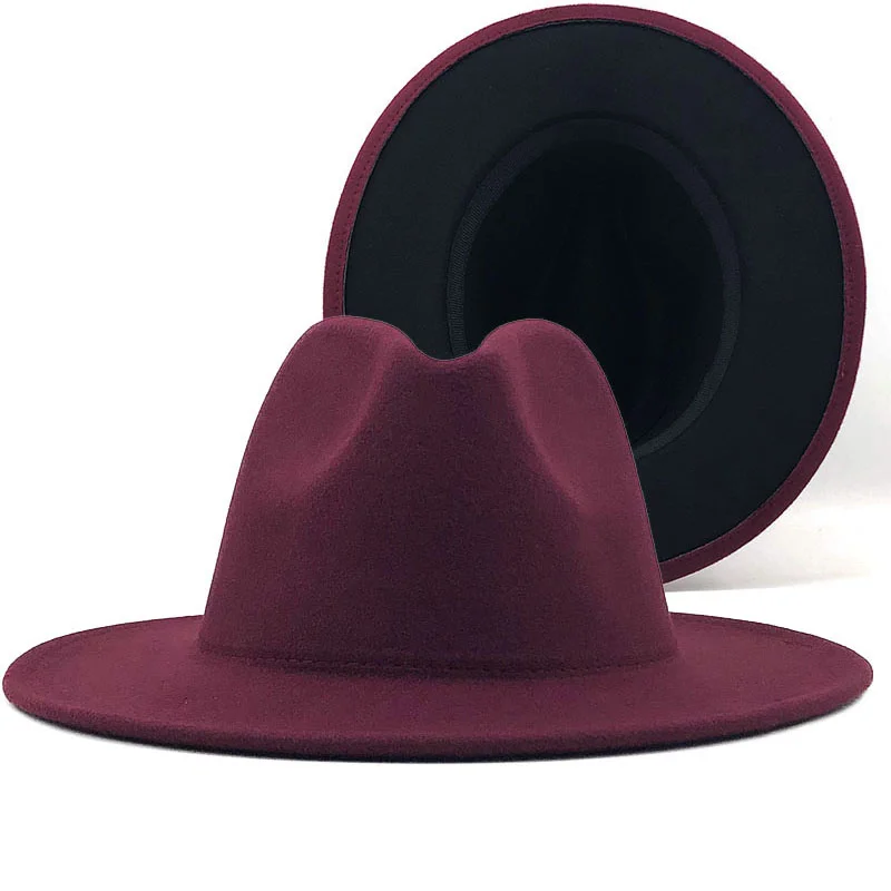 

wine Simple Outer red Inner black Wool Felt Jazz Fedora Hats with Thin Belt Buckle Men Women Wide Brim Panama Trilby Cap X XL