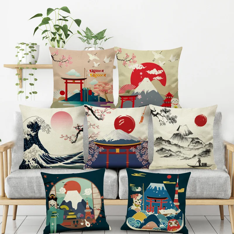 Mount Fuji national retro linen sofa cushion cover Japanese style and wind fabric Ukiyoe linen pillow halloween throw pillow