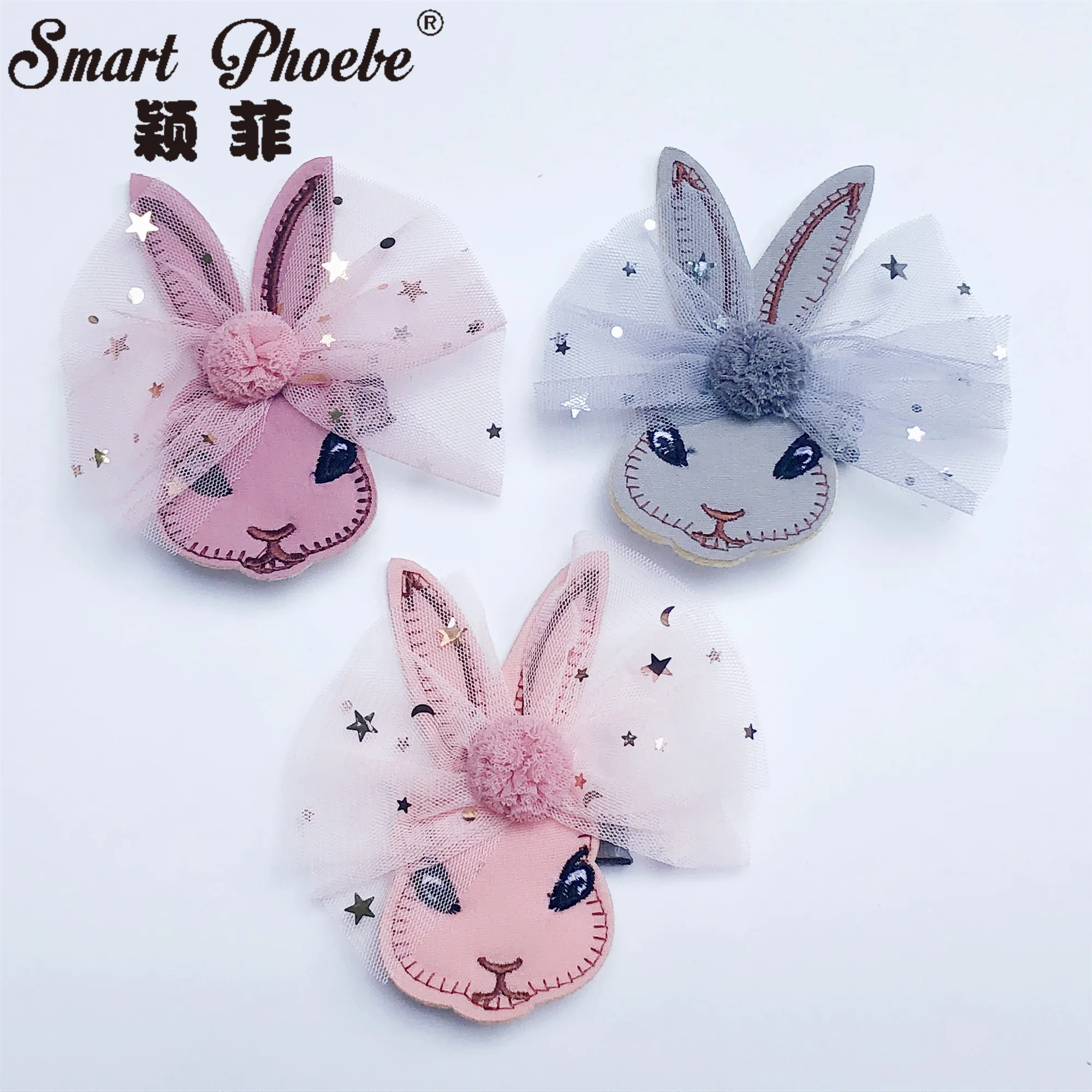 Boutique 15pcs Fashion Cute Glitter Tulle Pom Pom Bow Rabbit Hairpins Felt Bunny Hair Clips Princess Headwear Hair Accessories