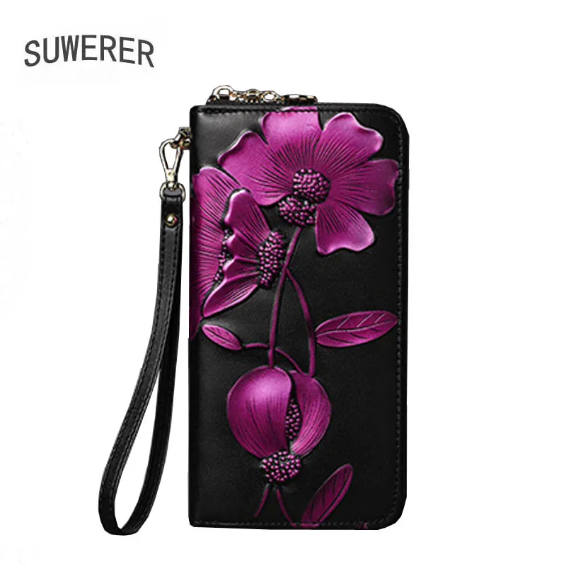 Women Genuine Leather wallet  Flower long Cowhide leather zipper Wallets High Quality Fashion Personality Clutch Bag