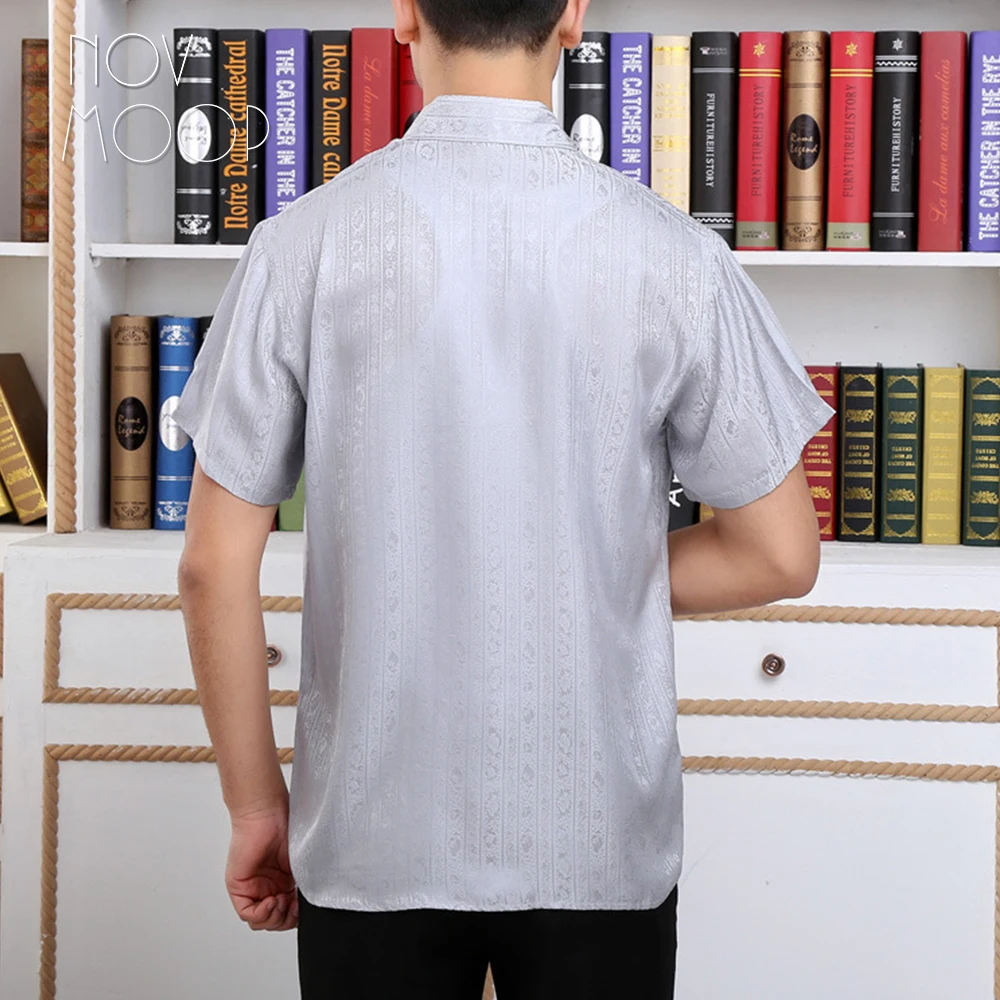 Novmoop men summer grey white dark blue yellow red multi- color 100% natural silk shirt chemise homme camisa masculina LT3158