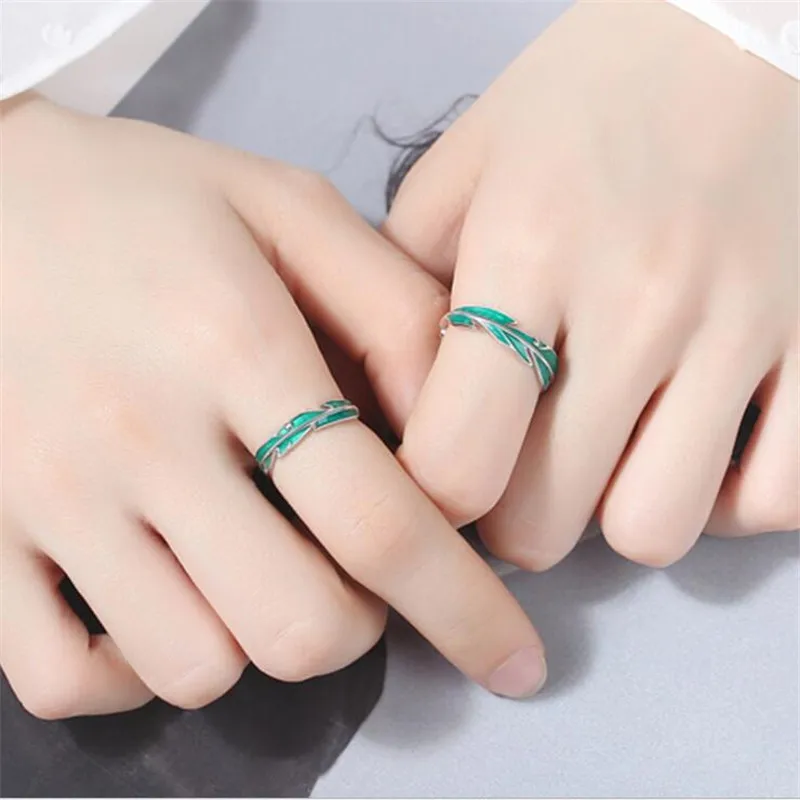 Couple's Green Leaf Opening Ring, 925 Sterling Silver