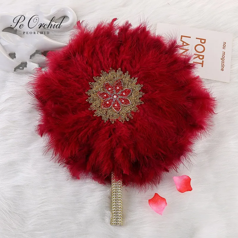 PEORCHID Burgundy Bridal Reather Hand Fan Traditional African Wedding Handle Fan Red Handmade Nigerian Bride Wedding Accessories