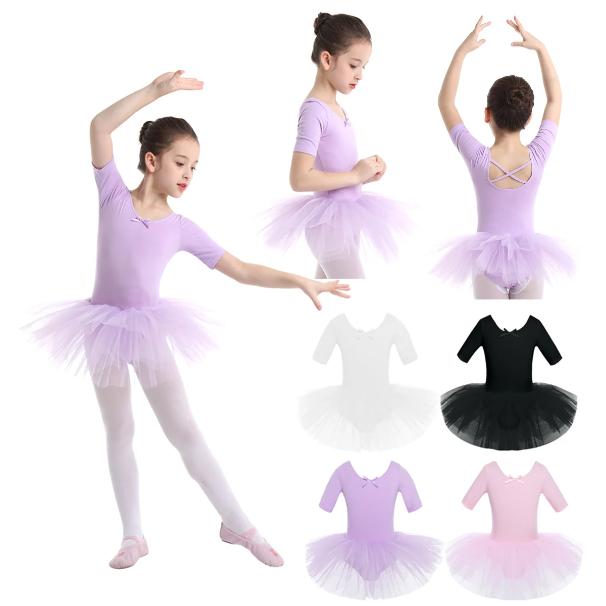 Vestido de bailarina infantil feminino 2-10 anos, vestimenta de dança com manga curta de algodão tule, balé e dança, ginástica, vestido tutu de performance