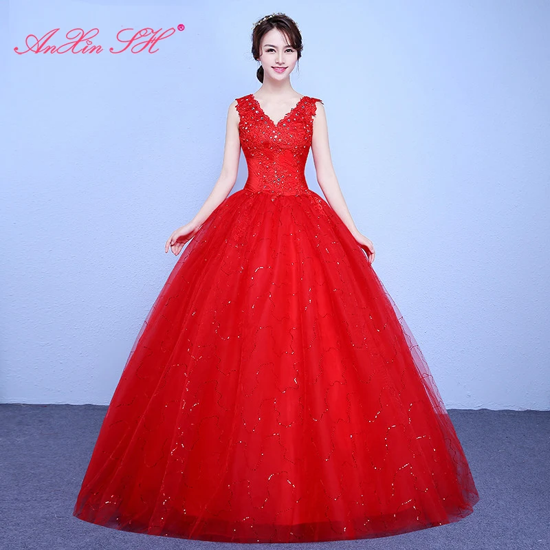 AnXin SH luxus blume spitze rot hochzeit kleid party türkei prinzessin v-ausschnitt friesen kristall ballkleid weiß hochzeit kleid