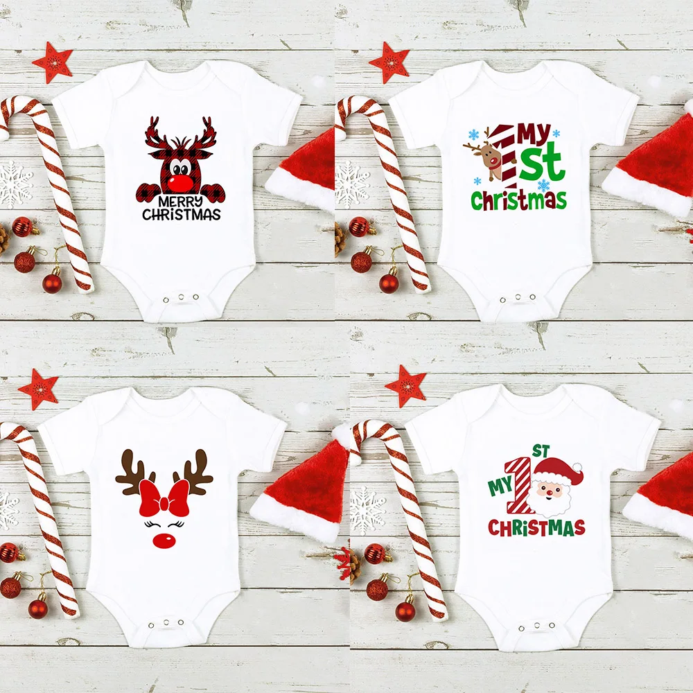 It's My First Christmas Reindeer Print New Year's Baby Clothes  Bodysuit Christmas Jumpsuit Infant Short Sleeve Playsuit Outfit