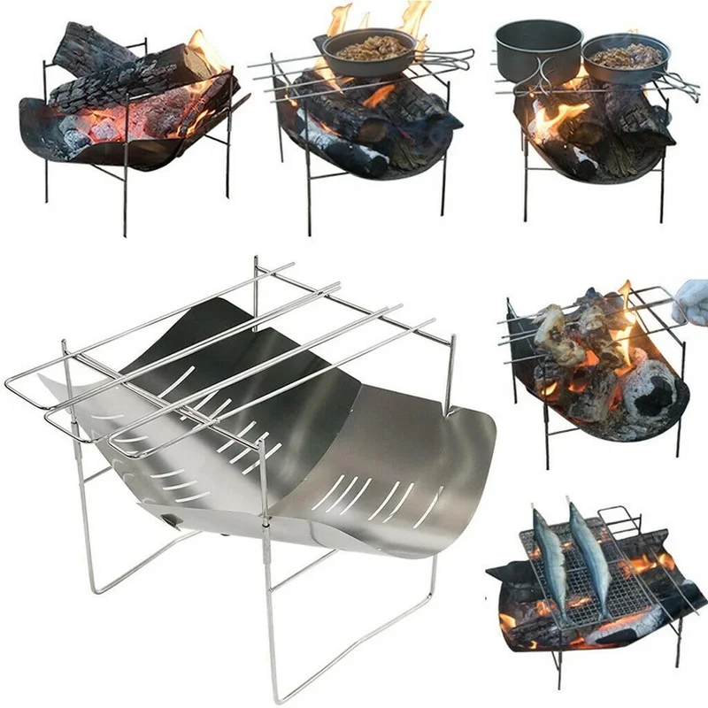 Outdoor Portable Camping Fire-Burning Bench Grill Ultra-Light Detachable Stainless Steel Folding Barbecue Grill Bonfire Stove