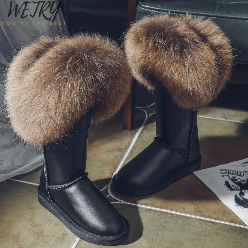 WETRY Natural Fox Fur Snow Boots Genuine Cow Suede Leather Boots Shoes Mid-calf Knee Boots Raccoon Fur Warm Female Flat Boots