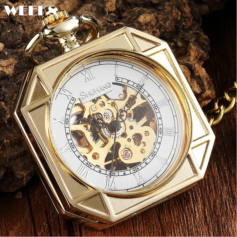 

Roman Numeral Square Gold Case Mechanical Pocket Watch Male Antique Vintage Steampunk Skeleton Luxury Fob Chain Clock for Men