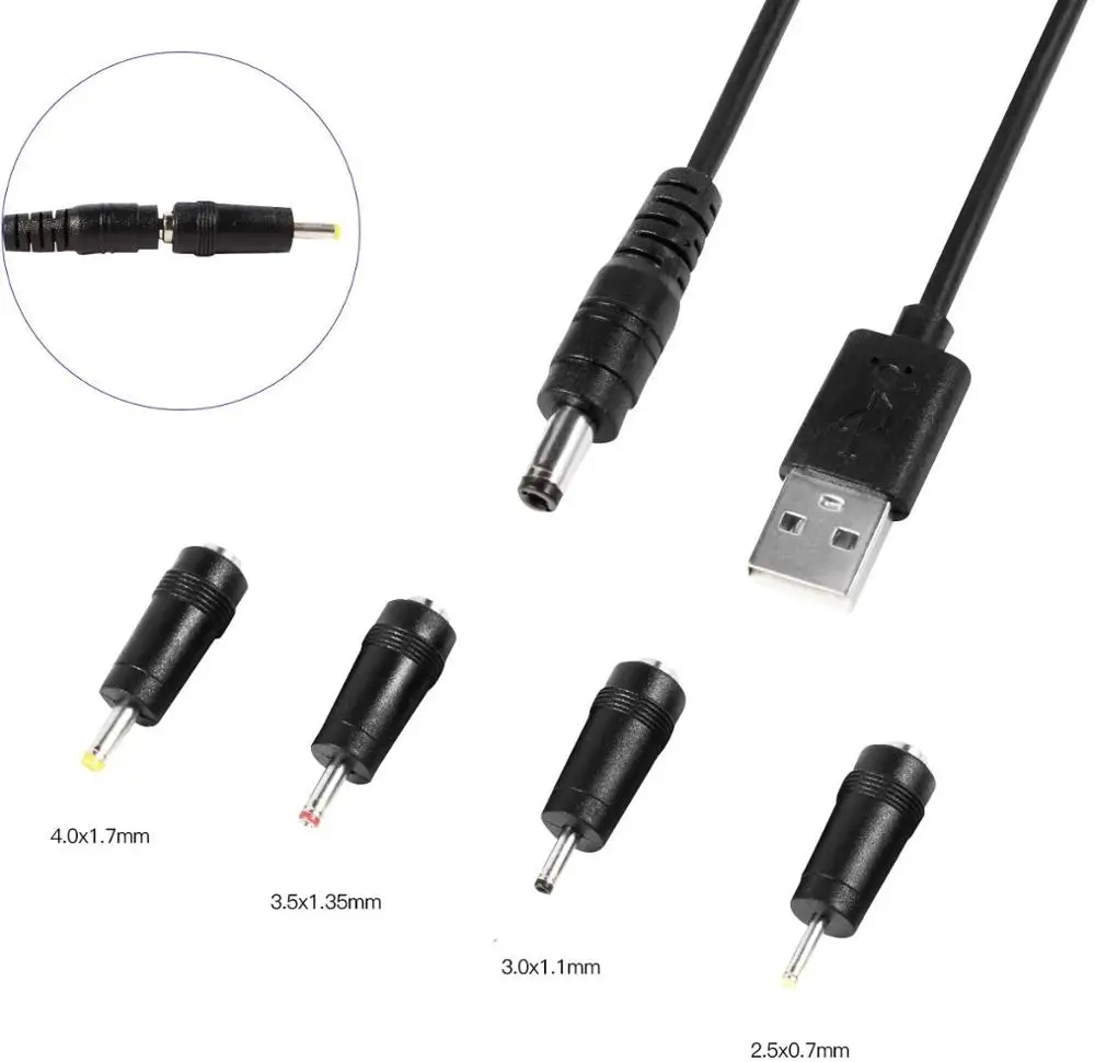 Nuolianxin fêmea 5.5x2.1mm para macho 4.0x1.7mm, 3.5x1.35mm, 3.0x1.1mm, 2.5x0.7mm jack, usb para dc 5.5x2.1mm cabo (dc4 + 1)