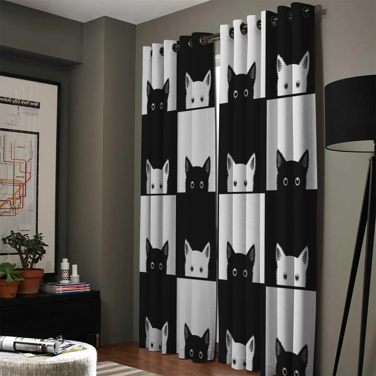 Geometic Black White Cat Window Treatments Curtains Curtain Bathroom Bedroom Kitchen Drapes Swag Kids Window Treatment Sets