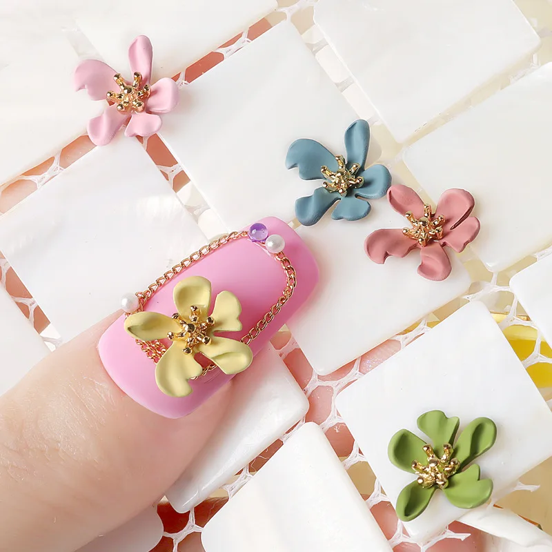 10Pcs Nail Five Petal Gold Stamen Flower Charms Acrylic Pendant Jewelry For Nail Art Acrylic 3d Charms 9 Colors Flower Gems - Image 2