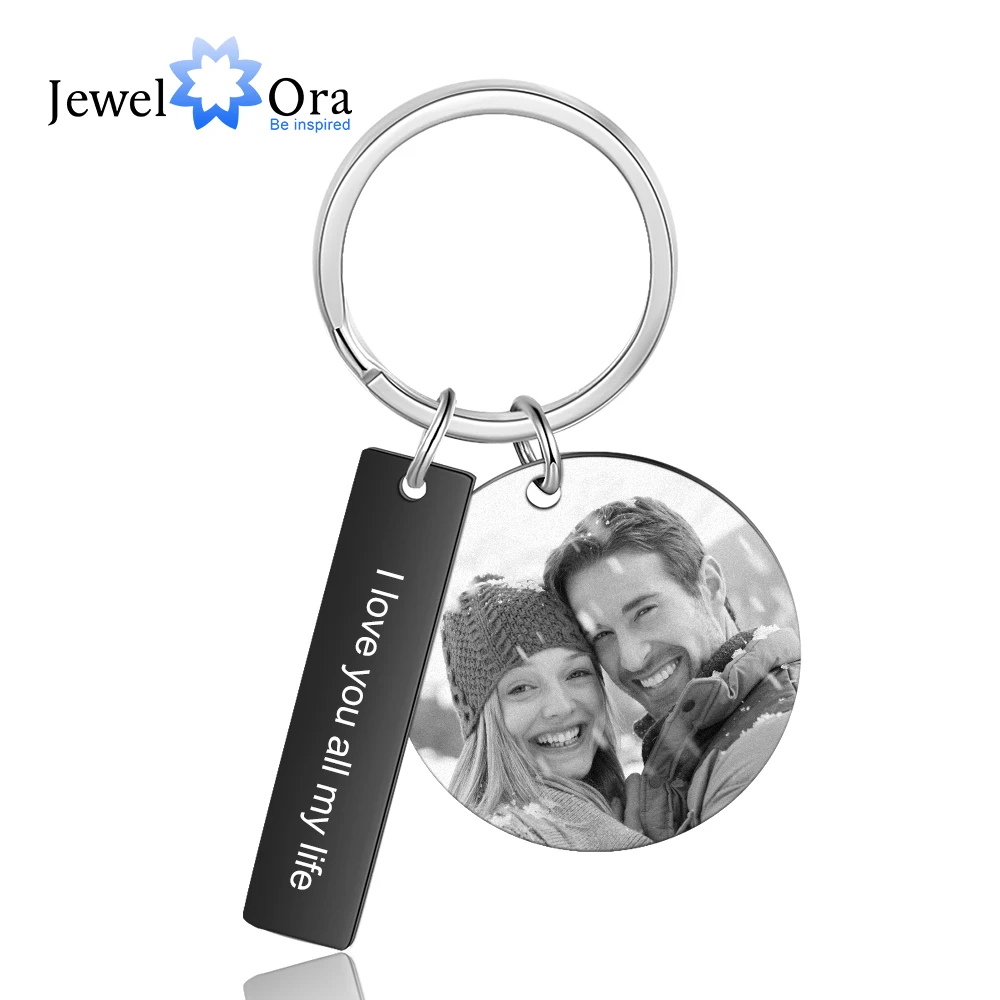 JewelOra Personalized Photo keychains for Ladies Stainless Steel Black Color Engraved Date Calendar Keyring Gifts for Lovers