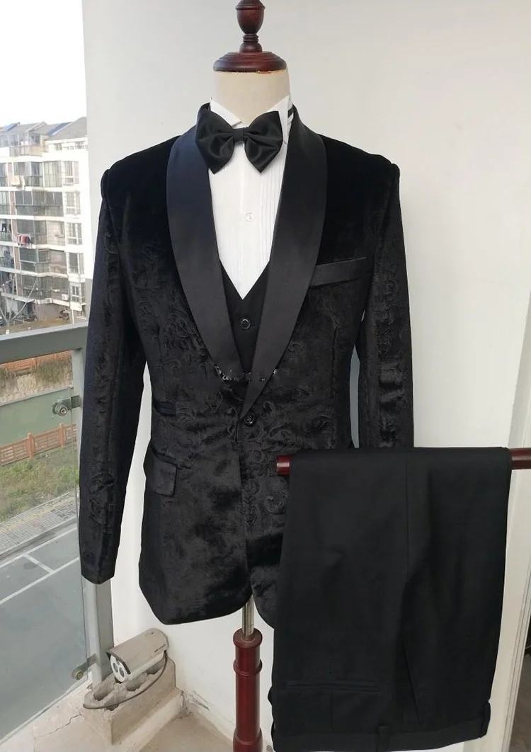 

Flannel with pattern groom tuxedo shawl lapel men's business suit wedding party dinner three-piece suit jacket (jacket + pants +