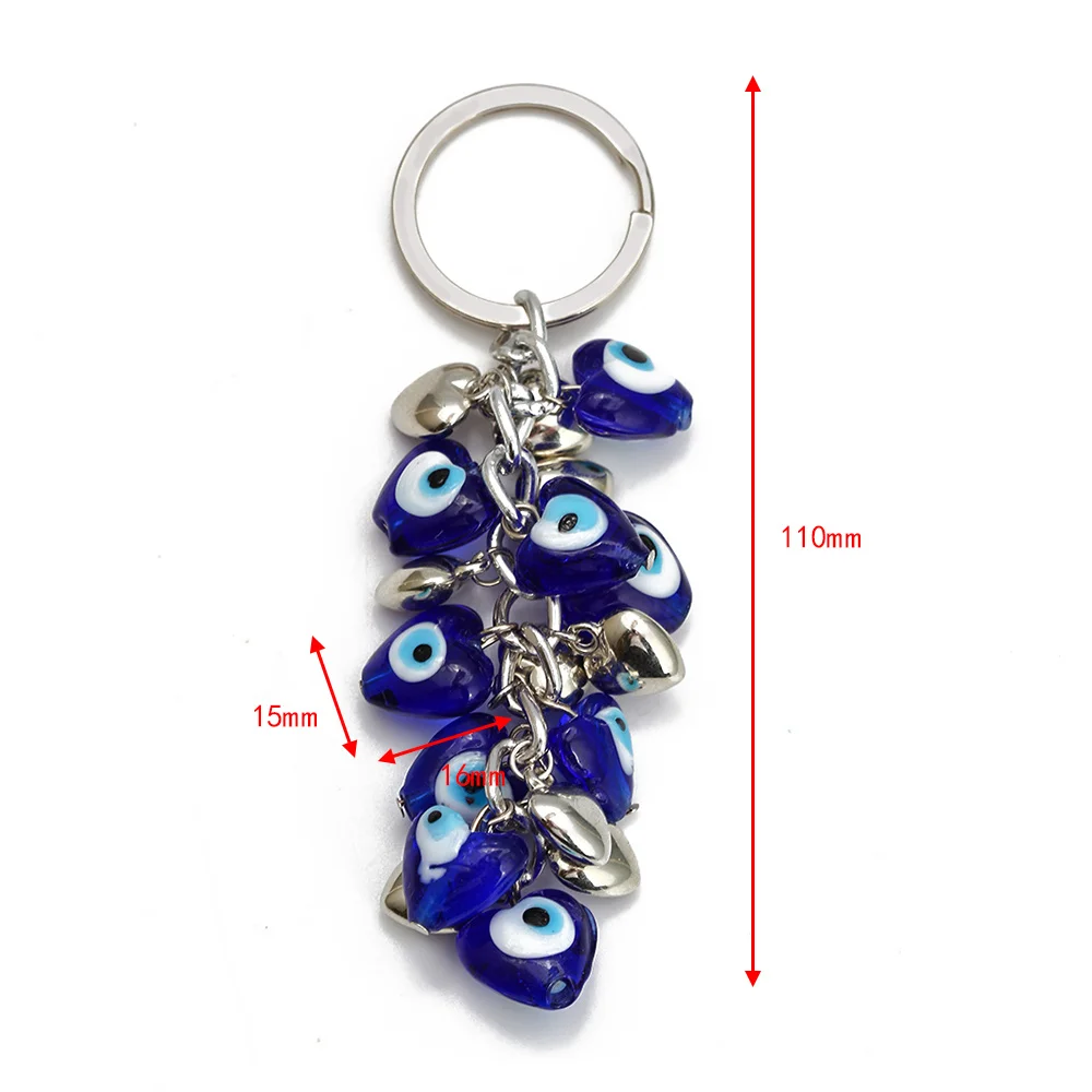 Lucky Eye Glass Heart Round Blue Turkish Evil Eye Keychain Silver Color Ring Car Key Chain for Women Men Fashion Jewelry BE253