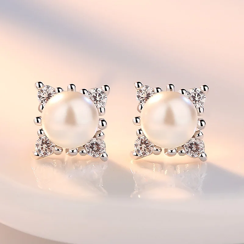 Simple 925 Silver Needle Dazzling Zircon Earrings Snowflake Pearl Flower Stud Earrings For Women Girl Gift Pendientes Brincos