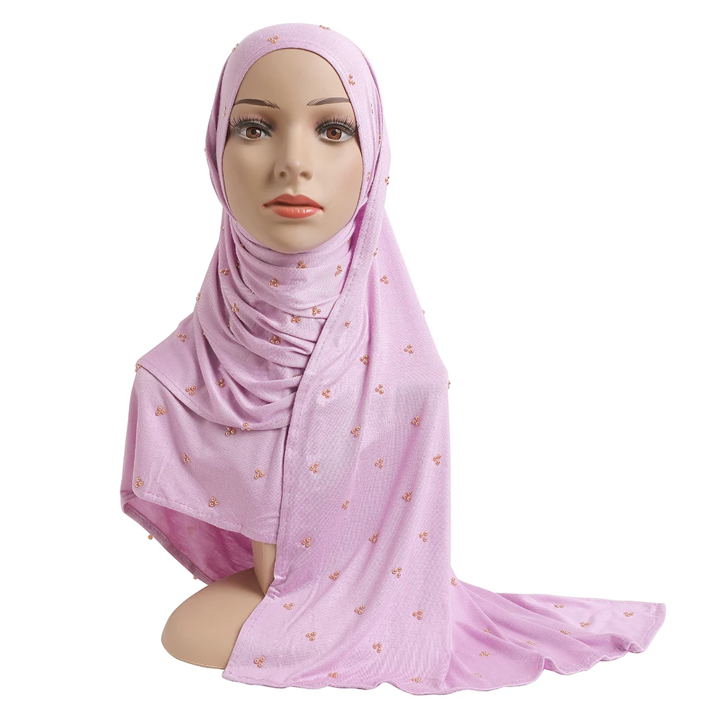 H201 High Quality Soft Cotton Jersey Scarf With Beadings modal headscarf women\'s hijab islamic female shawl Lady Bonnet headwrap