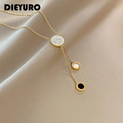 DIEYURO Stainless Steel Trendy Personality Roman Script Necklace Design Personality Zircon Pendant Cold Wind Wild Clavicle Chain