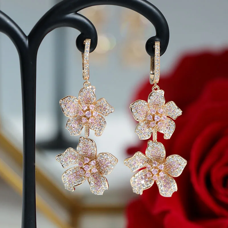 1pair Fully-jewelled CZ Flower Earring Drop Exquisite Elegant Earrings Fashion Jewelry